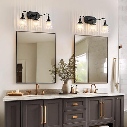 LmnLvn Bathroom Vanity Black Vintage Light Fixture, 3 Lights Bathroom Lighting Matte Antique Brass Finish with Crystal Glass Shade, Black Vintage Vanity Light for Bathrooms