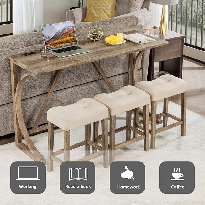 4 Piece Bar Table Set with Power Outlet, Wooden Counter Height Table with 3 Upholstered Stools, Modern Kitchen Dining Table Set for 4, Bar and Dining Room Table Set for Home, Brown