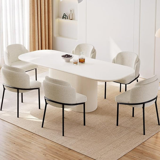 Miuuod 86.61" Dining & Kitchen Table Set,Solid Kitchen Table with 6 Chairs,Large Oval Dinner Table with Rounded Corners for Dining Room,Living Room Furniture,Cream White