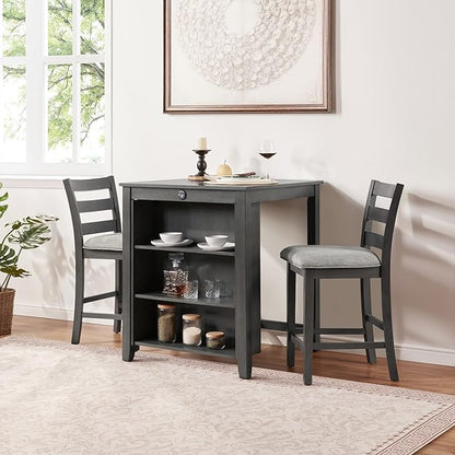 Bar Table Set with Charging Station & 3-Tier Storage, Space-Saving Dining Table Set for 2 with Upholstered Chairs, Small Kitchen Island for Apartment (30 inch+Gray)