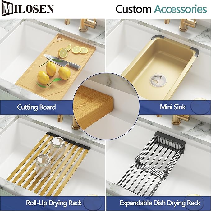MILOSEN White Undermount Kitchen Sink, 33×18 Inch Workstation Ledge Under Counter Single Bowl Sinks with Offset Drain, Granite Composite Quartz Material, 9'' Large Deep Sinks With Gold Accessories