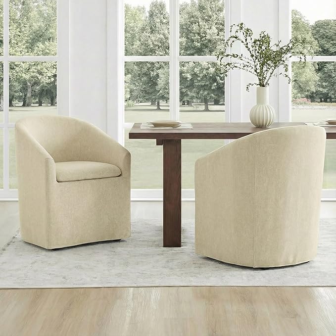 KISLOT Upholstered Dining Chairs Set of 4 with Casters, Modern Side Barrel Armchair with Washable Slipcover & Sturdy Metal Frame for Diningroom Bedroom Livingroom Reading Room, Sand Fabric