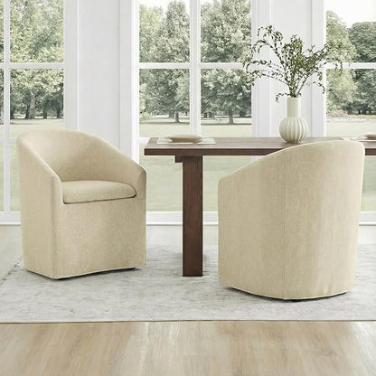 KISLOT Upholstered Dining Chairs Set of 4 with Casters, Modern Side Barrel Armchair with Washable Slipcover & Sturdy Metal Frame for Diningroom Bedroom Livingroom Reading Room, Sand Fabric