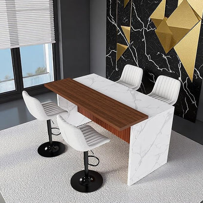 Runboll 63" Large Island Table Set with 4 Bar Stools, Modern Faux Marble Dining Table Set with Multi-Color LED Lights, Kitchen Island with Grille Design for Dining Room, Home, Office, Living Room