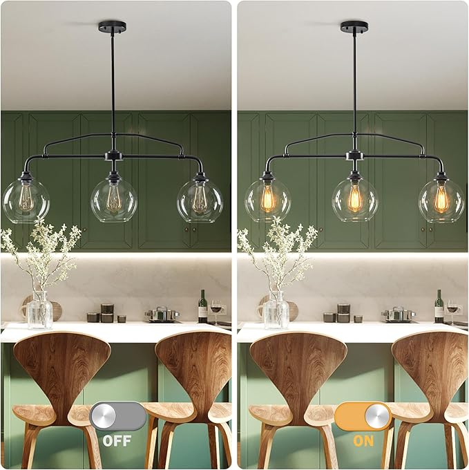 Modern Linear 3-Light Black Chandelier with Framed Arms, Industrial Kitchen Island Pendant Light Fixture with Clear Glass Globes, Ceiling Bar Lighting for Dining Table, Pool Table