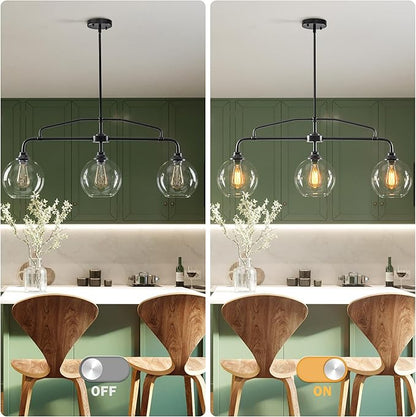 Modern Linear 3-Light Black Chandelier with Framed Arms, Industrial Kitchen Island Pendant Light Fixture with Clear Glass Globes, Ceiling Bar Lighting for Dining Table, Pool Table