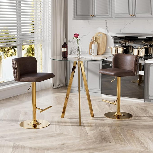 3-Piece Pub Table and Chairs, Round Bar Height Adjustable Swivel PU Leather Bar Stools Set of 2 for Kitchen Island Bistro Office Living Room Small Space Restaurant