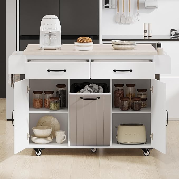 RUNNA Kitchen Island with Trash Can Storage Cabinet, Kitchen Cart with Drop Leaf, Spice Rack, Towel Rack and Drawer, Rolling Kitchen Island on Wheels with Adjustable Shelf (White Oak~81)