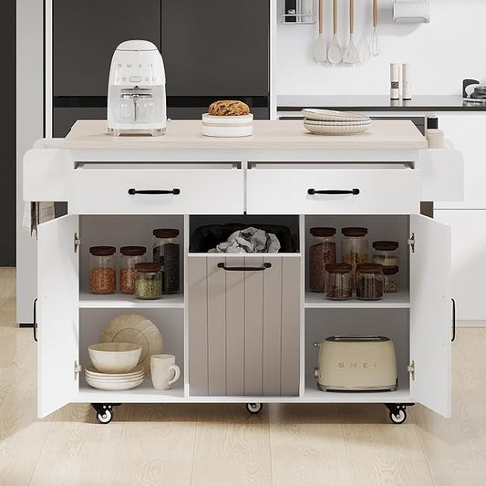 RUNNA Kitchen Island with Trash Can Storage Cabinet, Kitchen Cart with Drop Leaf, Spice Rack, Towel Rack and Drawer, Rolling Kitchen Island on Wheels with Adjustable Shelf (White Oak~81)