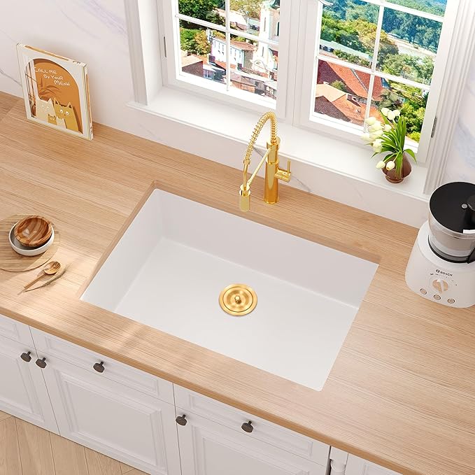 Rhbamoa White Kitchen Sink Granite Composite,31 inch White Undermount Sink,Deep Single Bowl Kitchen Sinks, 31''x18'' Large Quartz Sinks with Accessories