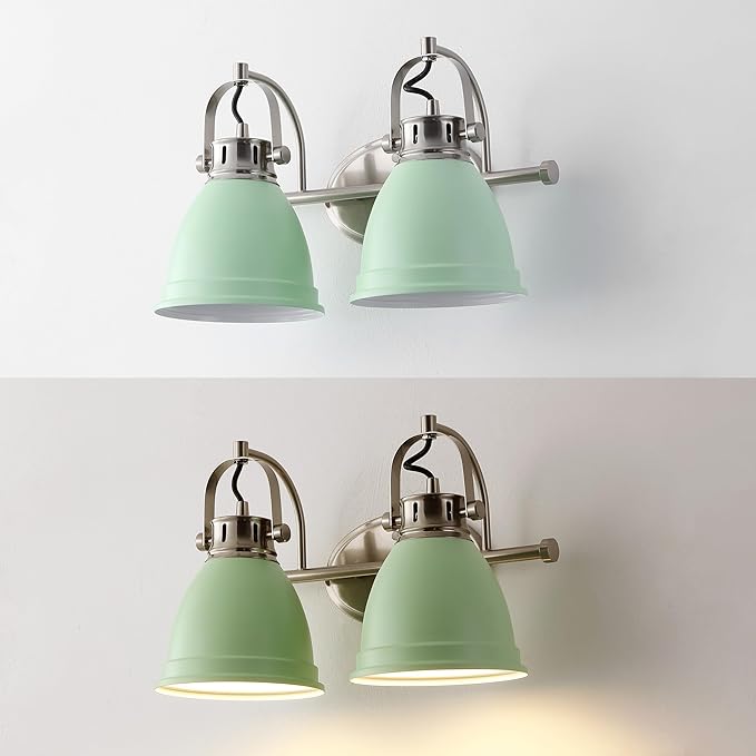JONATHAN Y 16.25" Mint Green/Nickel 2-Light LED Vanity Light, Adjustable Wall Sconce for Bathroom Mirror, Farmhouse Bohemian Kitchen Light, Iron Black Bell Shade (JYL1115C)