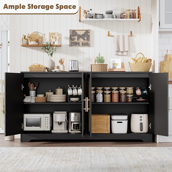 GarveeHome 59” Sideboard Buffet Cabinet - Large Credenza Storage with 4 Rattan Doors, Modern Console Table Accent Coffee Bar Cabinet for Living Room, Kitchen, Hallway, Dining Room, Entryway, Black