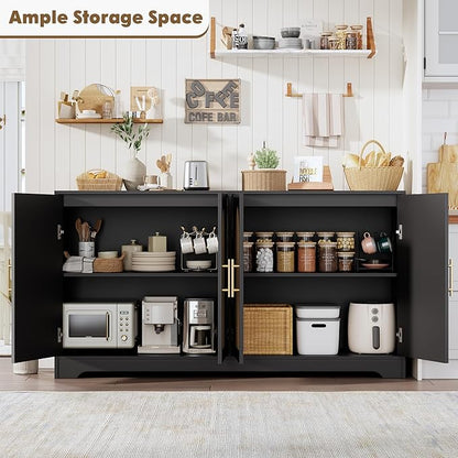 GarveeHome 59” Sideboard Buffet Cabinet - Large Credenza Storage with 4 Rattan Doors, Modern Console Table Accent Coffee Bar Cabinet for Living Room, Kitchen, Hallway, Dining Room, Entryway, Black