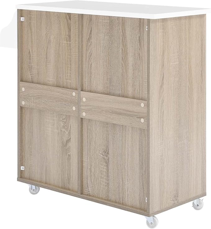 Modway Cuisine Rolling Kitchen Cart with Storage in Oak White - Portable Island for Kitchen with Spice Rack, Perfect as a Coffee Bar Cabinet, Butcher Block Island or Kitchen Island on Wheels