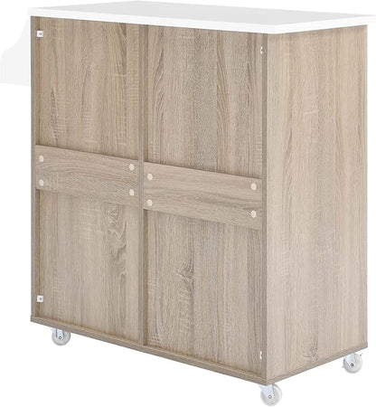 Modway Cuisine Rolling Kitchen Cart with Storage in Oak White - Portable Island for Kitchen with Spice Rack, Perfect as a Coffee Bar Cabinet, Butcher Block Island or Kitchen Island on Wheels