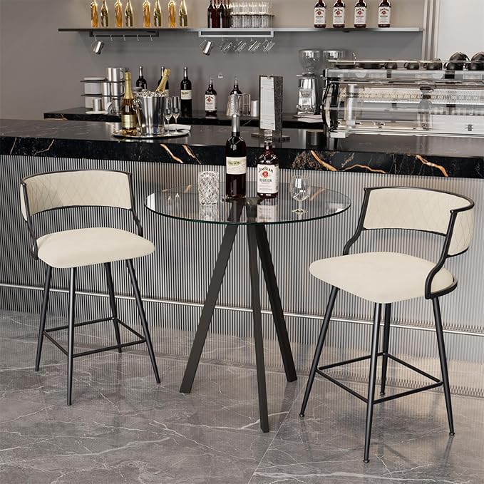 Modern Glass High Top Bar Table Set for 2, Bar Stools Island Chairs, Clear Round Pub Tall Table with Faux Leather Counter Height Padded Stools for Home Bar Dinning Room Kitchen (Beige)