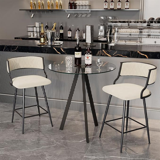 Modern Glass High Top Bar Table Set for 2, Bar Stools Island Chairs, Clear Round Pub Tall Table with Faux Leather Counter Height Padded Stools for Home Bar Dinning Room Kitchen (Beige)