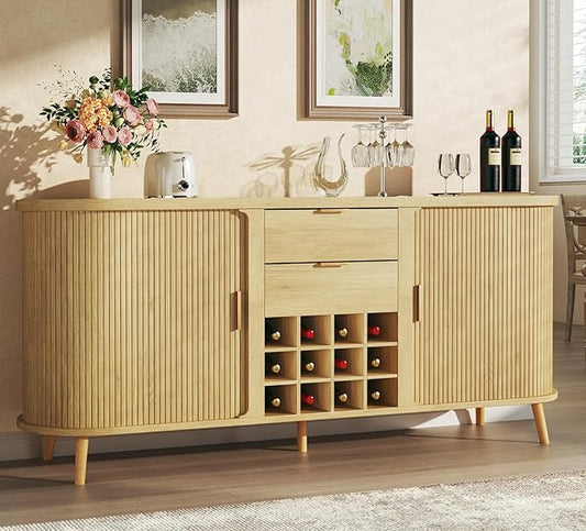 HUAHUU 58" Buffet Cabinet with Storage, Fluted Wine Bar Cabinet with Drawers & Adjustable Shelves, Mid-Century Modern Buffet Sideboard with 12 Wine Racks for Kitchen Living Room, Natural Oak