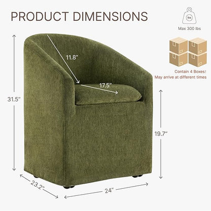KISLOT Upholstered Dining Chairs Set of 4 with Casters, Modern Side Barrel Armchair with Washable Slipcover & Sturdy Metal Frame for Diningroom Bedroom Livingroom Reading Room, Green Fabric
