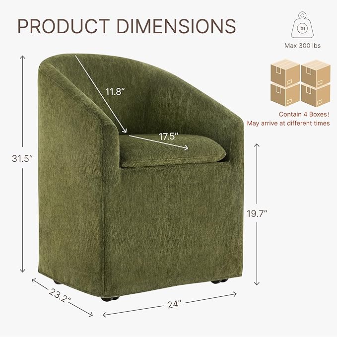 KISLOT Upholstered Dining Chairs with Casters, Washable Cover Modern Dining Room Chairs with Barrel Backrest & Dual Armrest for Kitchen, Living Room, Bedroom, Green Fabric, 4PCS