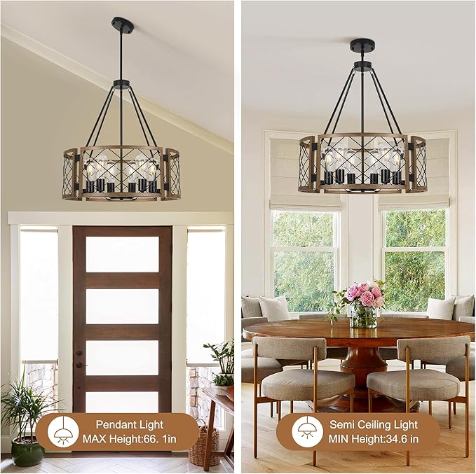 Sigaitwei 6-Light Large Farmhouse Chandelier Brown Rustic Chandelier for Dining Room Wood Texture Adjustable Pendant Light,Drum Chandelier for Kitchen Island Entryway Bedroom Hallway,21.7'',E26.