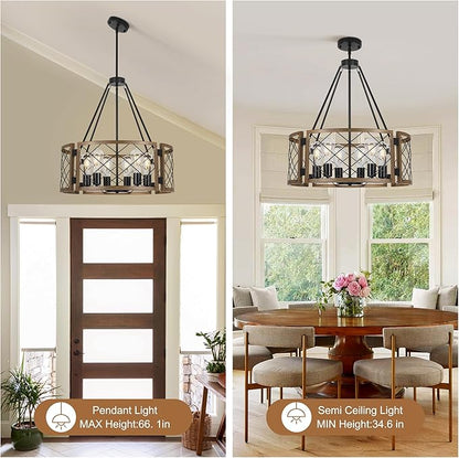 Sigaitwei 6-Light Large Farmhouse Chandelier Brown Rustic Chandelier for Dining Room Wood Texture Adjustable Pendant Light,Drum Chandelier for Kitchen Island Entryway Bedroom Hallway,21.7'',E26.