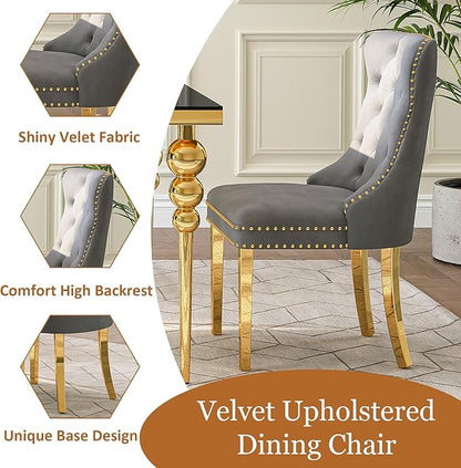 7 Piece Glass Dining Table Set, Modern 70 Inch Gold Rectangular Glass Kitchen Table, 6 Gray Exquisite Velvet Cushion Chairs for Living Room, Restaurant (Black-Top)