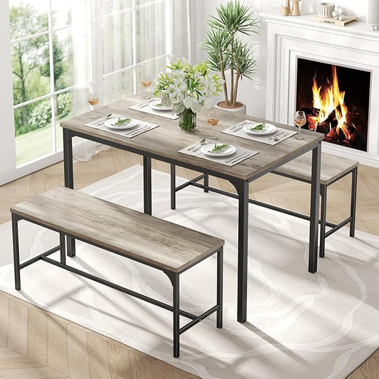 DUMOS Dining Table, Dining Table Set for 4 with Bench, Easy to Assemble Kitchen Table, Space-Saving Ideal 4-Person Set for Dining Room Kitchen Apartment Corner Gray 3 Pack
