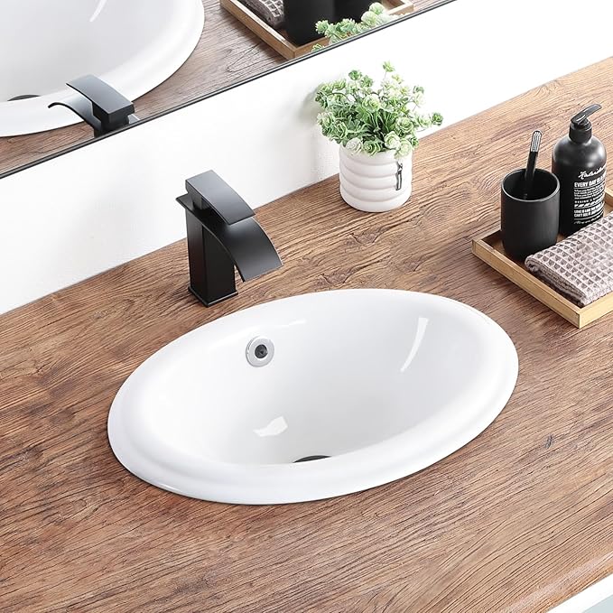 Bathroom Vessel Sink 16'' x 12'' Semi Recessed Bathroom Sink Oval Drop In Sink with Overflow White Ceramic Modern Vessel Sinks for Bathroom