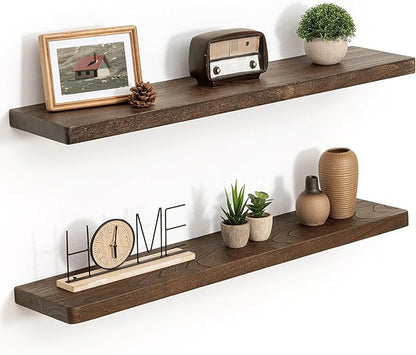 36 Inch Flat Edge Floating Shelves, 8 Inch Deep Solid Elm Wood Wall Shelf, Heavy-Duty Wall Mounted Shelf with Invisible Brackets for Living Room, Bathroom, Kitchen, Set of 2, Walnut Color