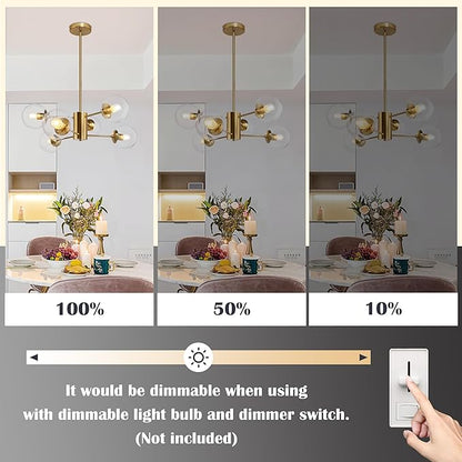Bagood 6-Light Globe Sputnik Chandelier Modern Gold Sputnik Chandelier Mid Century Pendant Light Brushed Brass Finished with Clear Globe Glass Lampshade Chandeliers for Dining Room Kitchen