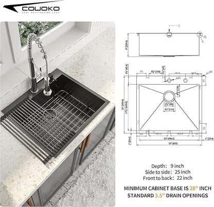25x22 Drop In Kitchen Sink Black 16 Gauge Stainless Steel Single Bowl Drop Kitchen Sinks Nano PVD Gunmetal Black Handmade Large Deep Topmount Sinks, 25x22x9 Inch
