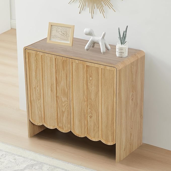 ORRD Accent Sideboard Buffet Cabinet, Storage Cabinets with 2 Doors, Farmhouse Wood Cabinet with Adjustable Shelves and Wave Panel for Living Room, Dining Room, Entry - Natural