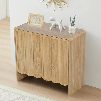 ORRD Sideboard Buffet Cabinet Set of 2, Accent Storage Cabinet with 2 Doors, Farmhouse Wood Cabinet with Adjustable Shelves and Wave Panel for Living Room, Dining Room, Entry - Natural