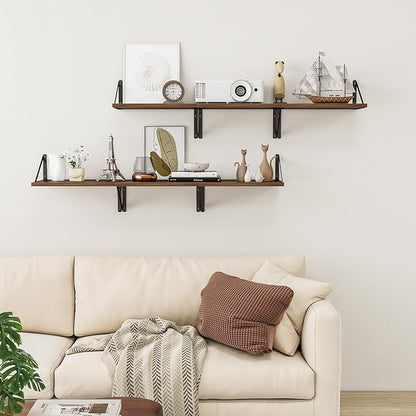 Heimlove Deep Floating Shelves for Wall, 12 Inch Deep Floating Shelves Set of 3, 16W x 12D Wood Wall Shelves, Wide Wood Shelves with Metal Bracket for Living Room, Kitchen, Office, Bedroom - Walnut