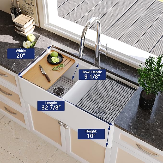 DeerValley Farmhouse Sink Workstation, 33 inch White Fireclay Apron Front Farm Sinks, Double Bowl Deep Drop-in Undermount Sink with Workstation Accessories