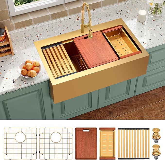 Gold Farmhouse Kitchen Sink 36 x 22 Drop In, 50/50 Double Bowl Farm Sinks, 16 Gauge Stainless Steel Workstation Sink with Ledge & Accessories, 36" x 22" x 10" Large and Deep Double Sink