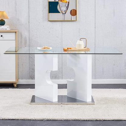 63” Glass Dining Table for 4–6 People, Modern Kitchen Table with Tempered Glass Top, Dining Room Table with White MDF Legs for Kitchen Dining Room