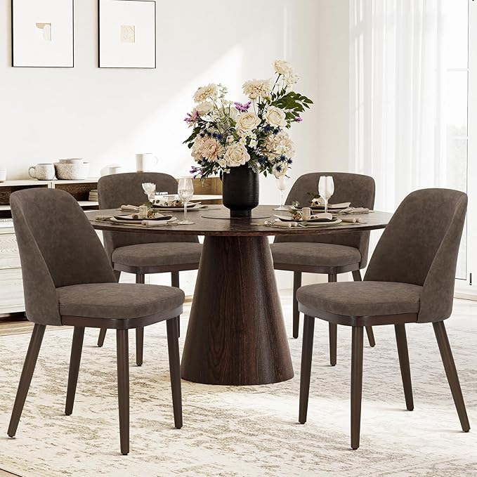 COLAMY Upholstered Dining Chairs Set of 4, Modern Kitchen Chairs with Back, Leather Side Dining Room Chairs with Wood Legs for Kitchen Dining Room Restaurant,Dark Brown