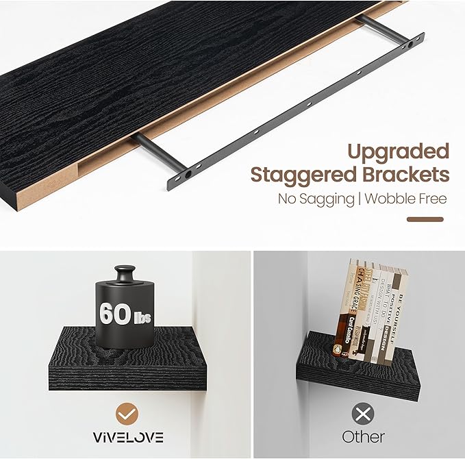 Vivelove 48 Inch Floating Shelves, Deep Wall Shelves with Invisible Brackets, Display Shlf for Bathroom Living Room Kitchen Bedroom Office Farmhouse Home Decor, 48" X 9.3" X 1.5" - Set of 2, Black