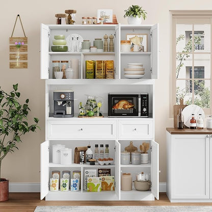 BOTLOG 2PCS Kitchen Cabinets, 71” Large Sideboard Buffet Cabinet with Storage, 72" Tall Pantry Cabinet with Microwave Stand, Wood Coffee Wine Bar Console Table for Kitchen, Dining Room, White
