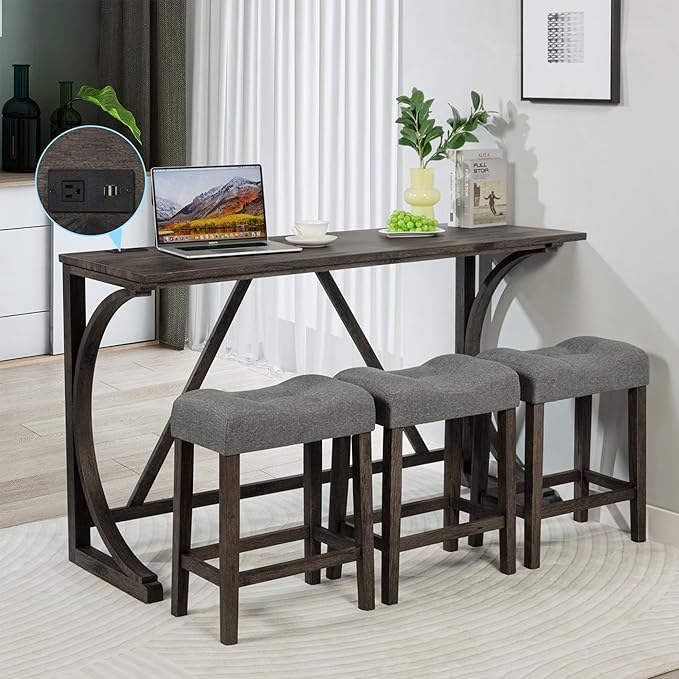 Polibi 4-Piece Farmhouse Counter Height Dining Set,Bar Table and Chairs Set,Bar Table with Power Outlet and 3 Padded Saddle Seat Stools for Living Room,Dining Room,Game Room,Dark Gray