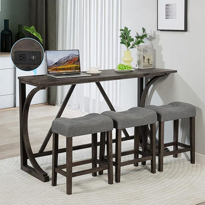 Polibi 4-Piece Farmhouse Counter Height Dining Set,Bar Table and Chairs Set,Bar Table with Power Outlet and 3 Padded Saddle Seat Stools for Living Room,Dining Room,Game Room,Dark Gray