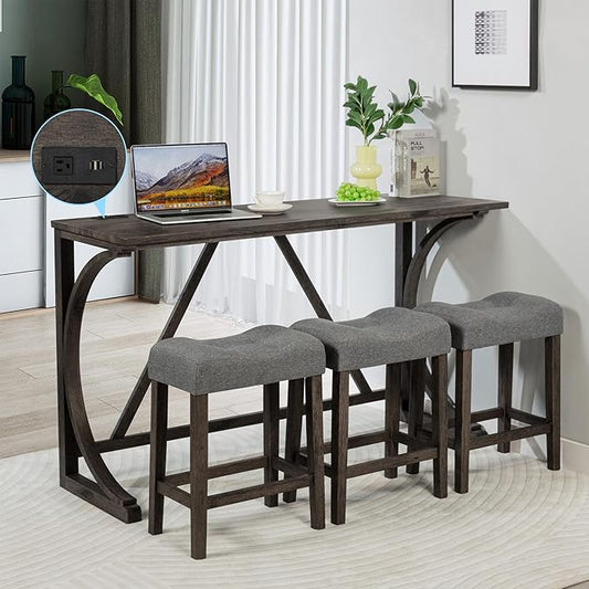 Polibi 4-Piece Farmhouse Counter Height Dining Set,Bar Table and Chairs Set,Bar Table with Power Outlet and 3 Padded Saddle Seat Stools for Living Room,Dining Room,Game Room,Dark Gray