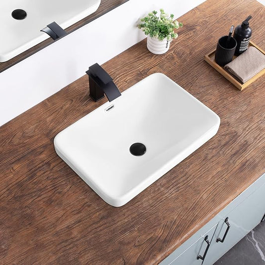 Bathroom Vessel Sink 23.2" X 15.5" Semi Recessed Bathroom Sink Rectangular Drop In Bathroom Sinks with Overflow White Ceramic Vessel Sinks for Bathroom Modern Above Counter Basin Vanity Sink