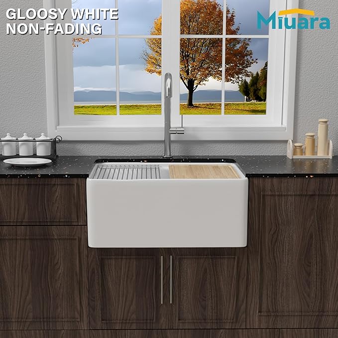 Miuara White Farmhouse Workstation Sink 24 Inch - Small Fireclay Apron Front Kitchen Sink Undermount 24"x18"x10", Farm House Style Heavy Duty Deep Single Bowl for Kitchen & Small Space