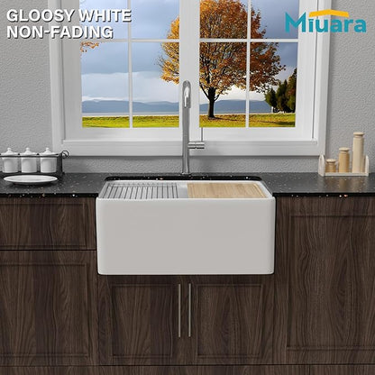 Miuara White Farmhouse Workstation Sink 24 Inch - Small Fireclay Apron Front Kitchen Sink Undermount 24"x18"x10", Farm House Style Heavy Duty Deep Single Bowl for Kitchen & Small Space