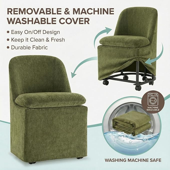 KISLOT Upholstered Dining Chairs Set of 4 with Casters, Modern Side Armless Deskchair with Washable Slipcover & Sturdy Metal Frame for Diningroom Bedroom Livingroom Reading Room, Green Fabric