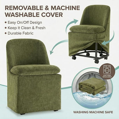 KISLOT Upholstered Dining Chairs Set of 2 with Casters, Modern Side Armless Deskchair with Washable Slipcover & Sturdy Metal Frame for Diningroom Bedroom Livingroom Reading Room, Green Fabric