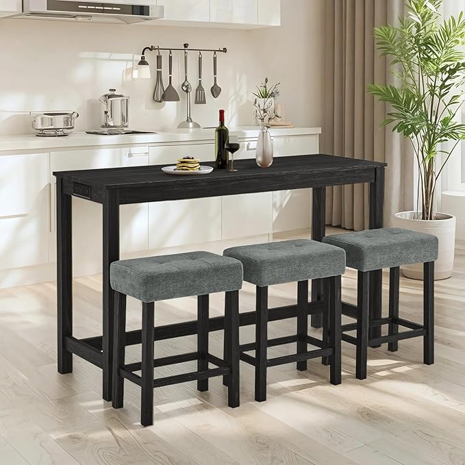 LKTART Kitchen Bar Table and Chairs Set, 4 Piece Bar Height Dining Table Set with Power Outlet and 3 Upholstered Stools Industrial Breakfast Nook, Small Space Living Room, Black